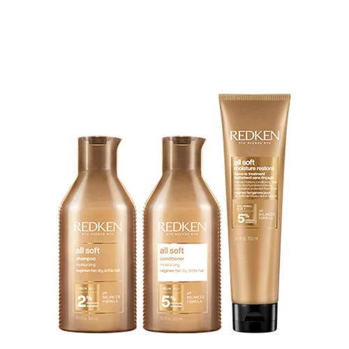 REDKEN All Soft Shampoo, Conditioner & Moisture Restore Leave-In Treatment with Hyaluronic Acid Combo
