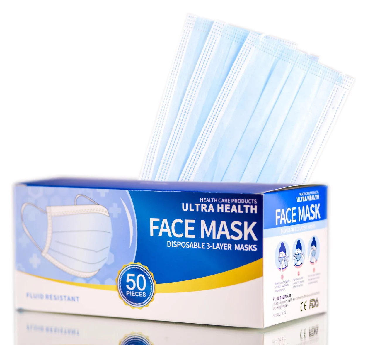 Health Care Products ULTRA HEALTH Disposable 3-Layer Face Masks, Fluid Resistant - 50 PC